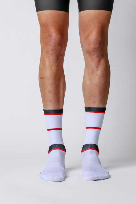 NOW ON SALE!!!  ProSpec Rouleur Socks | Squadra Stripes | White/Midnight Blue/Flamme Rouge Red