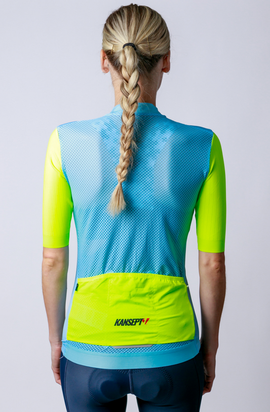 Women's ProSpec Ventoux Jersey | COLORBLOCK print | Tiffany BLUE/HiViz Yellow